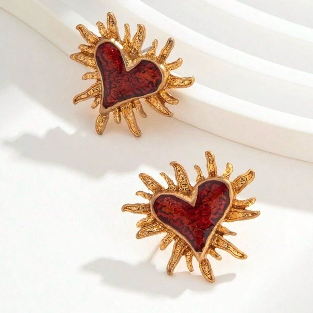 Fiery Red Sacred Heart~ Jesus Immaculate Mary Radiant Burst Beam Glow Gleam Stud
